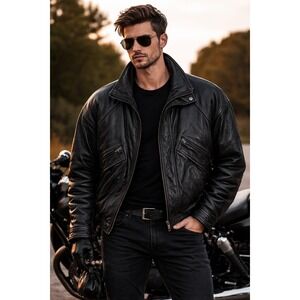 Collezione Vintage Black Leather Bomber Jacket Mens Large 80s 90s Full Zip Moto